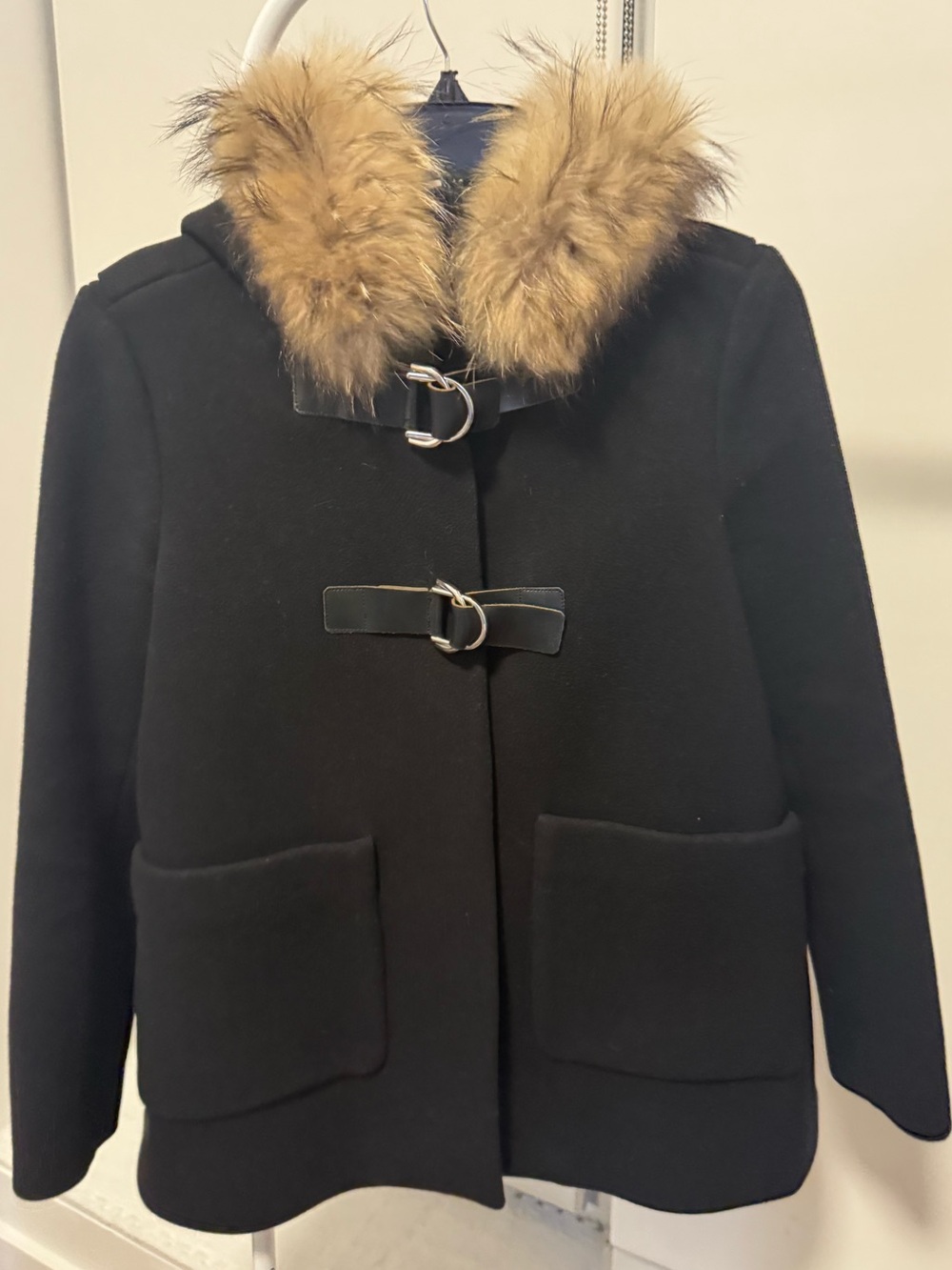 Maje Black Pea Coat with Tan Faux Fur Hood Trim